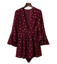 Sexy Bronzing golden flower Jumpsuit Women Deep V neck flare Sleeve Bandage waist Short Pants Chiffon Romper Overalls