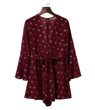 Sexy Bronzing golden flower Jumpsuit Women Deep V neck flare Sleeve Bandage waist Short Pants Chiffon Romper Overalls