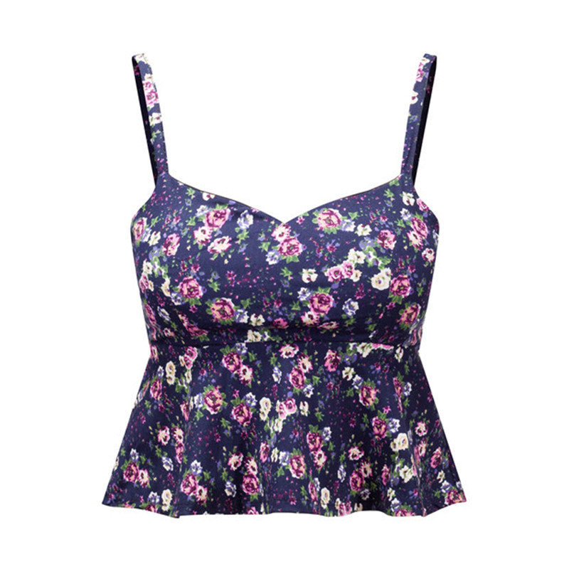 Sexy Bustier Crop Top Floral Print Strap Crop Top Ruffle Padded Bra