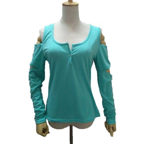 Sexy Button Low Cut Tee Shirt Femme Long Sleeve Off Shoulder T Shirt Casual Top Tees Cut Sleeve T Shirt Women Ropa Mujer