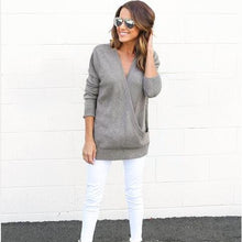 Sexy Casual Knitted Sweaters Woman Knitting Sweaters V Neck Cross Solid Loose Sweater Pullovers GV393