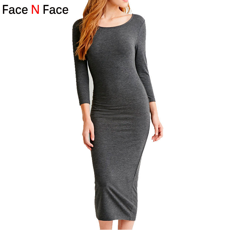 Sexy Casual Woman Package Hip Bodycon Dress O-Neck Three Quarter Sleeve Solid Color Women Skinny Sheath Pencil Dresses J6033-1
