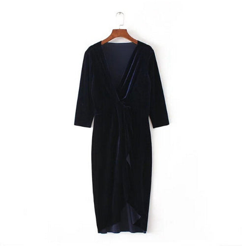 Sexy Cross Deep V neck Asymmetrical Hem Velvet Dress Vintage Woman Three Quarter sleeve Dresses 3 colors
