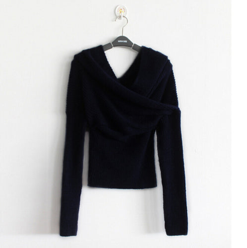 Sexy Cross V neck off the shoulder Pullover Sweater Women Crop Top Novelty Irregular Slash neck Knitted Jumper Knitwear 5 colors
