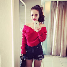 Sexy Cross V neck off the shoulder Pullover Sweater Women Crop Top Novelty Irregular Slash neck Knitted Jumper Knitwear 5 colors
