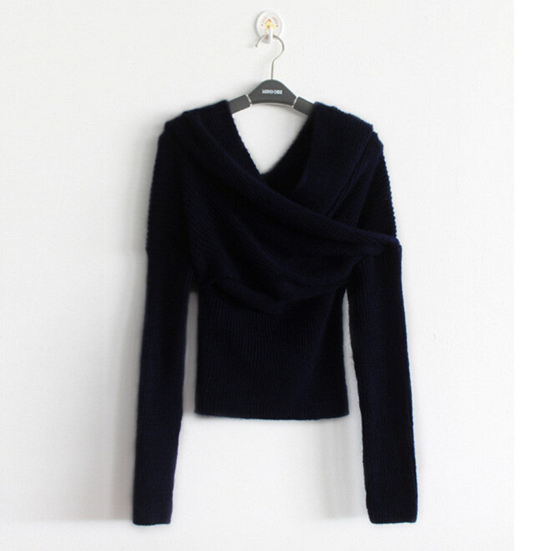 Sexy Cross V neck off the shoulder Pullover Sweater Women Crop Top Novelty Irregular Slash neck Knitted Jumper Knitwear 5 colors