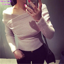 Sexy Cross V neck off the shoulder Pullover Sweater Women Crop Top Novelty Irregular Slash neck Knitted Jumper Knitwear 5 colors