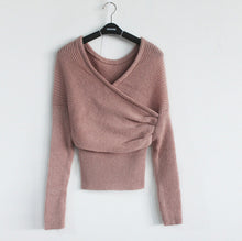 Sexy Cross V neck off the shoulder Pullover Sweater Women Crop Top Novelty Irregular Slash neck Knitted Jumper Knitwear 5 colors