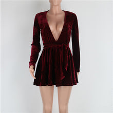 Sexy Deep V Neck Women Dress Long Sleeve Velvet Party Dresses Slim A-line Dress Wine Red Mini Robe Femme