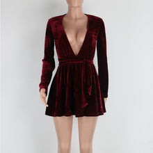 Sexy Deep V Neck Women Dress Long Sleeve Velvet Party Dresses Slim A-line Dress Wine Red Mini Robe Femme