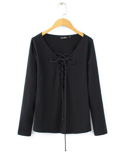 Sexy Deep V neck Hollow Out Cross Straps T-Shirt Black Trendy Women Slim fit Long Sleeve Tee Tops