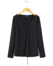 Sexy Deep V neck Hollow Out Cross Straps T-Shirt Black Trendy Women Slim fit Long Sleeve Tee Tops