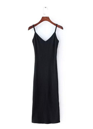 Sexy Deep V neck Spaghetti Strap Stretch Midi Dress Women Brandy Melville AA Package Hips Side Slit Dresses 3 colors