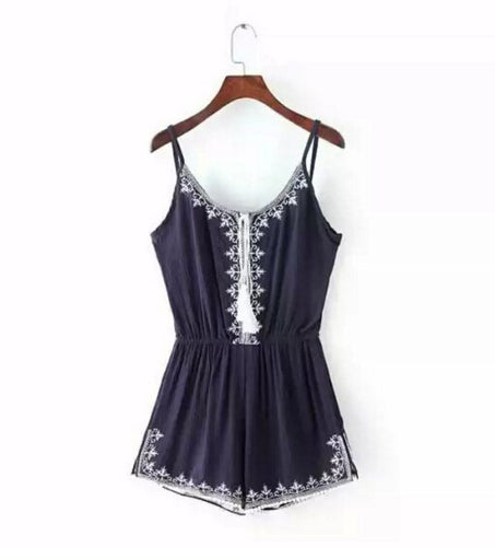 Sexy Ethnic Embroidery Floral Backless Short Jumpsuit Tassel Stream neck Sling Slim Rompers Playsuit 2 color