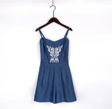 Sexy Ethnic Embroidery Floral Thin Denim Short Jumpsuit Back Elastic Sling Slim Rompers Playsuits Overalls blue