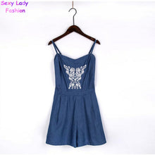 Sexy Ethnic Embroidery Floral Thin Denim Short Jumpsuit Back Elastic Sling Slim Rompers Playsuits Overalls blue