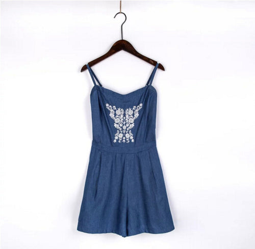 Sexy Ethnic Embroidery Floral Thin Denim Short Jumpsuit Back Elastic Sling Slim Rompers Playsuits Overalls blue