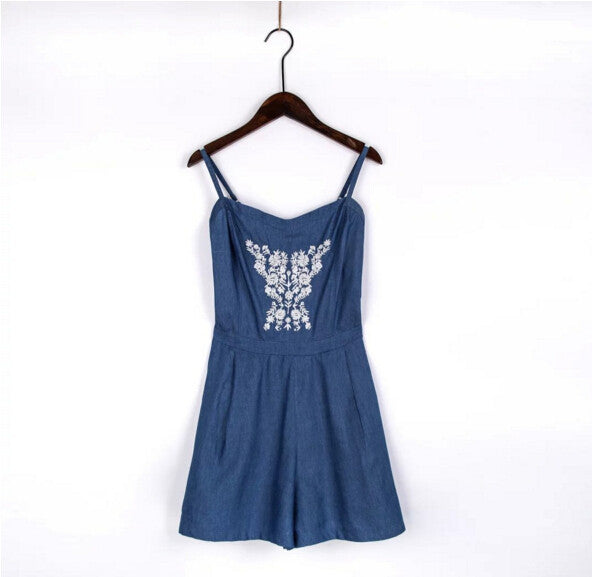 Sexy Ethnic Embroidery Floral Thin Denim Short Jumpsuit Back Elastic Sling Slim Rompers Playsuits Overalls blue