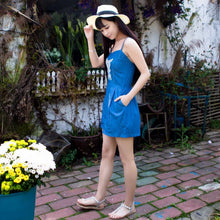 Sexy Ethnic Embroidery Floral Thin Denim Short Jumpsuit Back Elastic Sling Slim Rompers Playsuits Overalls blue