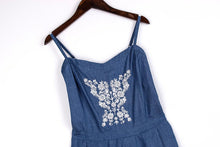 Sexy Ethnic Embroidery Floral Thin Denim Short Jumpsuit Back Elastic Sling Slim Rompers Playsuits Overalls blue