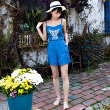 Sexy Ethnic Embroidery Floral Thin Denim Short Jumpsuit Back Elastic Sling Slim Rompers Playsuits Overalls blue