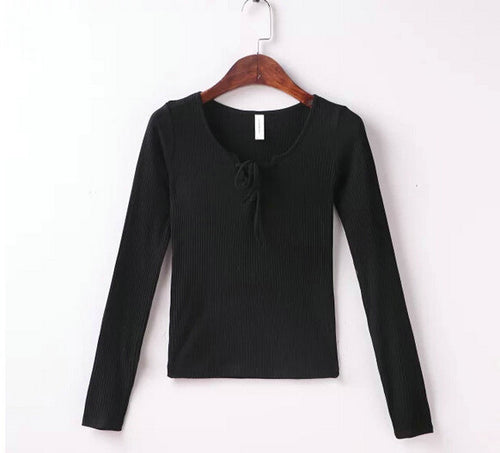 Sexy AA Brandage V neck Long sleeve Tee Women Tie Neck Cross Lacing up Jersey t shirt brandy melville 6 colors