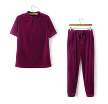 Sexy Half Turtleneck Velvet Sportswear Sets Woman Short Sleeve Sweatshirt Casual Tracksuit Wine red