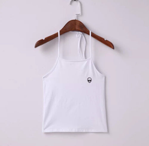 Sexy Halter Embroidery ET Aliens Camis Brandy Melville crop Top Camisetas Tank Vest Halter Straps Tee white