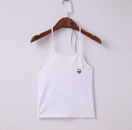 Sexy Halter Embroidery ET Aliens Camis Brandy Melville crop Top Camisetas Tank Vest Halter Straps Tee white