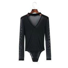 Sexy Halter V neck Long sleeve Mesh Bodysuit Woman Black Red SPerspective Tight Short Jumpsuit Slim fit Rompers Playsuit
