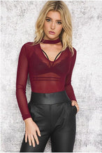 Sexy Halter V neck Long sleeve Mesh Bodysuit Woman Black Red SPerspective Tight Short Jumpsuit Slim fit Rompers Playsuit