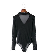 Sexy Halter V neck Long sleeve Mesh Bodysuit Woman Black Red SPerspective Tight Short Jumpsuit Slim fit Rompers Playsuit