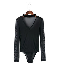 Sexy Halter V neck Long sleeve Mesh Bodysuit Woman Black Red SPerspective Tight Short Jumpsuit Slim fit Rompers Playsuit