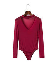 Sexy Halter V neck Long sleeve Mesh Bodysuit Woman Black Red SPerspective Tight Short Jumpsuit Slim fit Rompers Playsuit