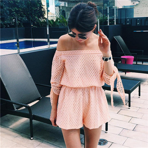 Sexy Hollow Out Lace Jumpsuit Cute Slash Neck Off Shoulder Rompers Womens Jumpsuit White Overalls Strapless Bow Women Playsuit