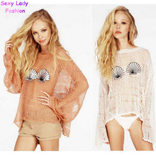 Sexy Hollow out Hole Shell Sequins Sweater Mermaid Irregular Hem Flare sleeve Loose Knitted Crochet Sweater Tops 3 colors
