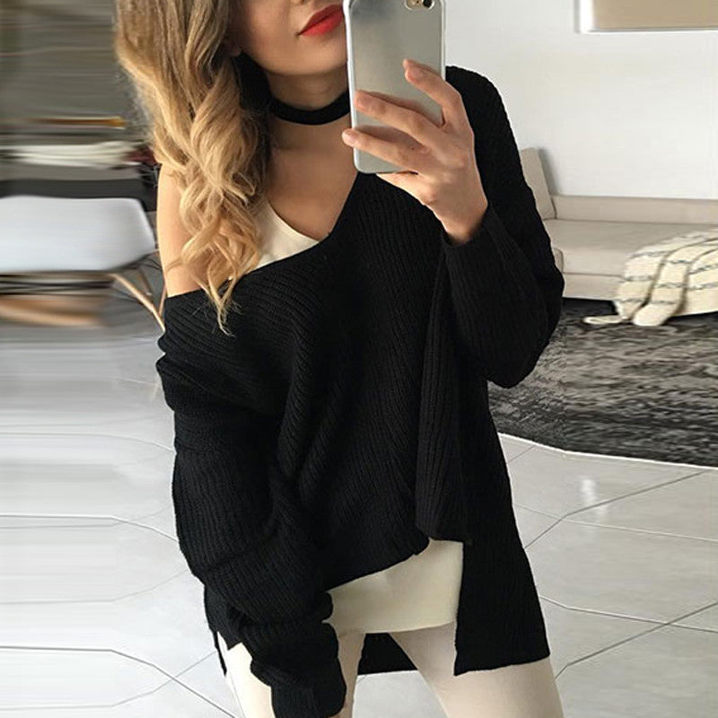Sexy Knitted Women Sweaters Sweaters Pullover V Neck Long Sleeve Asymmetric Loose Warm Sweaters GV389