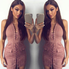 Sexy Lace Up Bodycon Dress Mini Robe Femme Pink Sleeveless Slim Party Dress Deep V Neck Night Club Party Dresses For Women