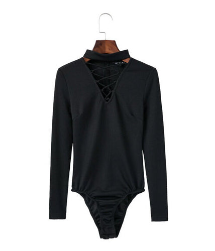 Sexy Lacing Up Halter V neck Long sleeve Bodysuit Woman Tight Short Jumpsuit Slim fit Rompers Playsuits 5 colors