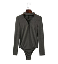 Sexy Lacing Up Halter V neck Long sleeve Bodysuit Woman Tight Short Jumpsuit Slim fit Rompers Playsuits 5 colors