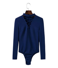 Sexy Lacing Up Halter V neck Long sleeve Bodysuit Woman Tight Short Jumpsuit Slim fit Rompers Playsuits 5 colors