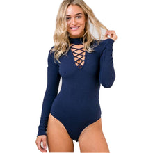Sexy Lacing Up Halter V neck Long sleeve Bodysuit Woman Tight Short Jumpsuit Slim fit Rompers Playsuits 5 colors