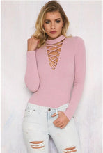Sexy Lacing Up Halter V neck Long sleeve Bodysuit Woman Tight Short Jumpsuit Slim fit Rompers Playsuits 5 colors
