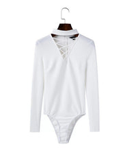 Sexy Lacing Up Halter V neck Long sleeve Bodysuit Woman Tight Short Jumpsuit Slim fit Rompers Playsuits 5 colors