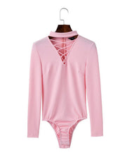 Sexy Lacing Up Halter V neck Long sleeve Bodysuit Woman Tight Short Jumpsuit Slim fit Rompers Playsuits 5 colors