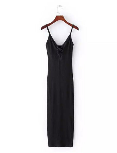 Sexy Lacing up Deep V neck Spaghetti Strap Stretch Midi Dress Women Brandy Melville Package Hips Long Dresses 3 colors