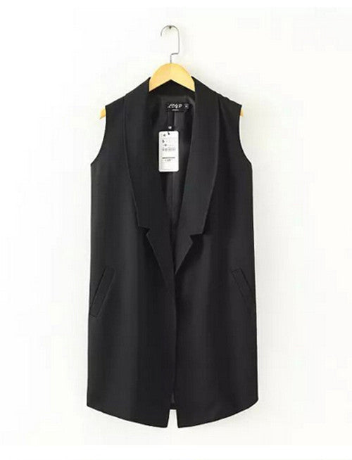 Sexy Lady Women's Solid Black Long Sleeveless Suit Vest Notch Turn down Collar Slim Long Vest Waistcoat Tops