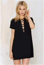 Sexy Metal Eyelets Panelled Lace Up Dress Woman V neck Short sleeve Shift Dresses black Wine red Army green 3 colors