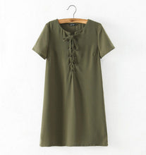 Sexy Metal Eyelets Panelled Lace Up Dress Woman V neck Short sleeve Shift Dresses black Wine red Army green 3 colors
