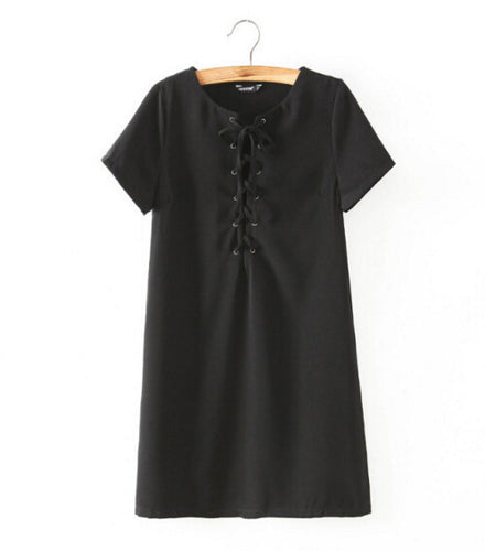 Sexy Metal Eyelets Panelled Lace Up Dress Woman V neck Short sleeve Shift Dresses black Wine red Army green 3 colors